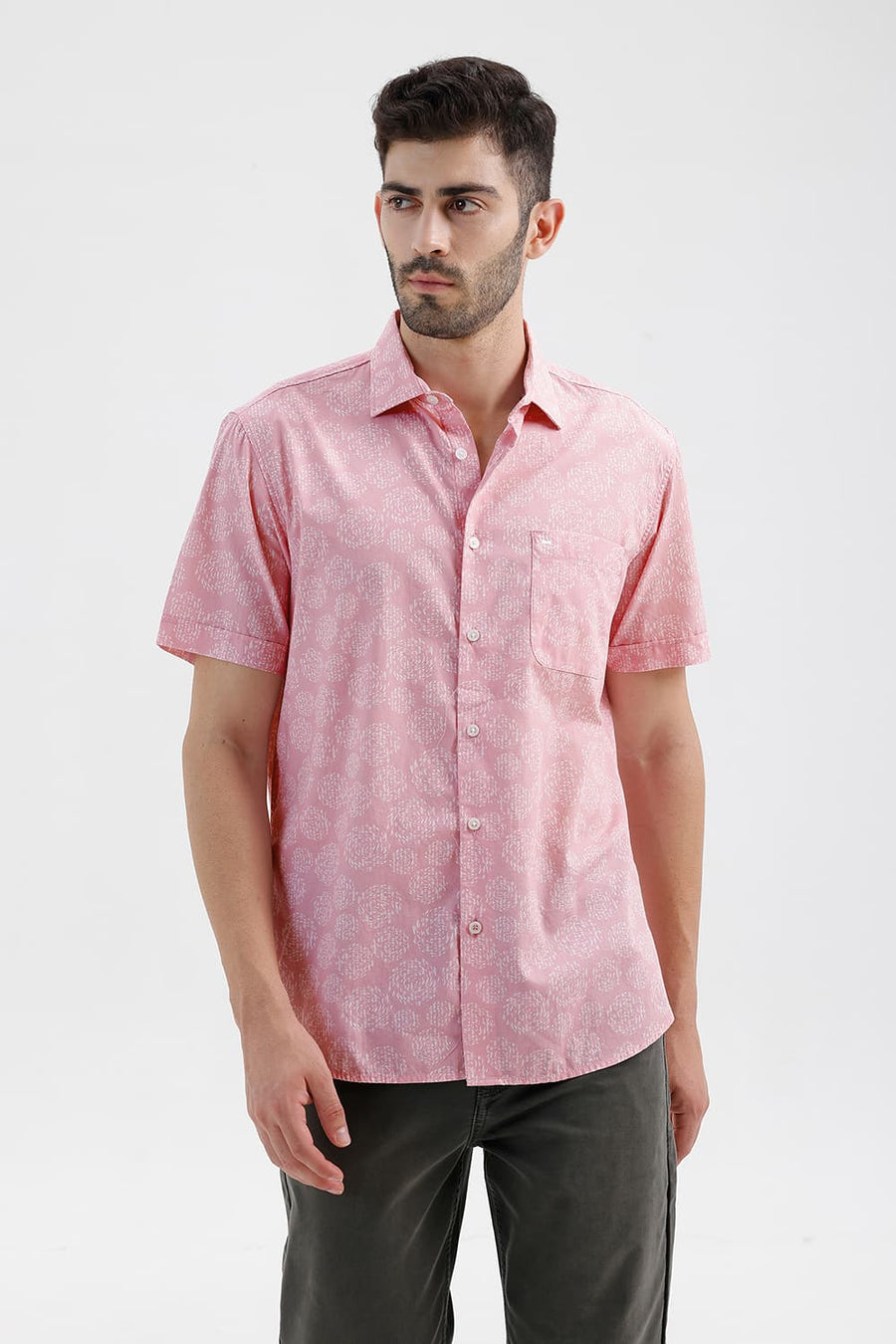 BASICS SLIM FIT PINK DOLPHIN COTTON PRINTED HALFSLEEVES SHIRT