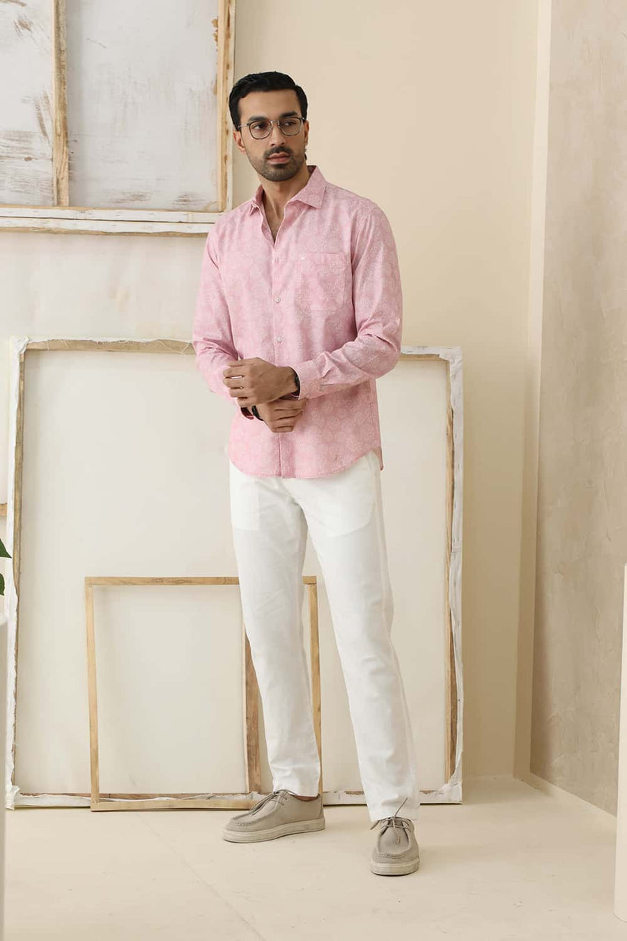 Basics Slim Fit Pink Dolphin Cotton Printed Shirt