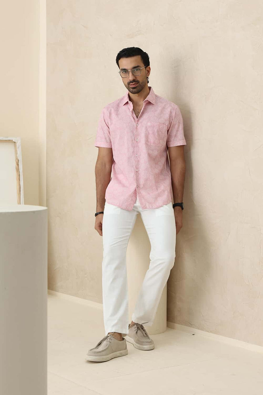 Basics Slim Fit Pink Dolphin Cotton Printed Halfsleeves Shirt