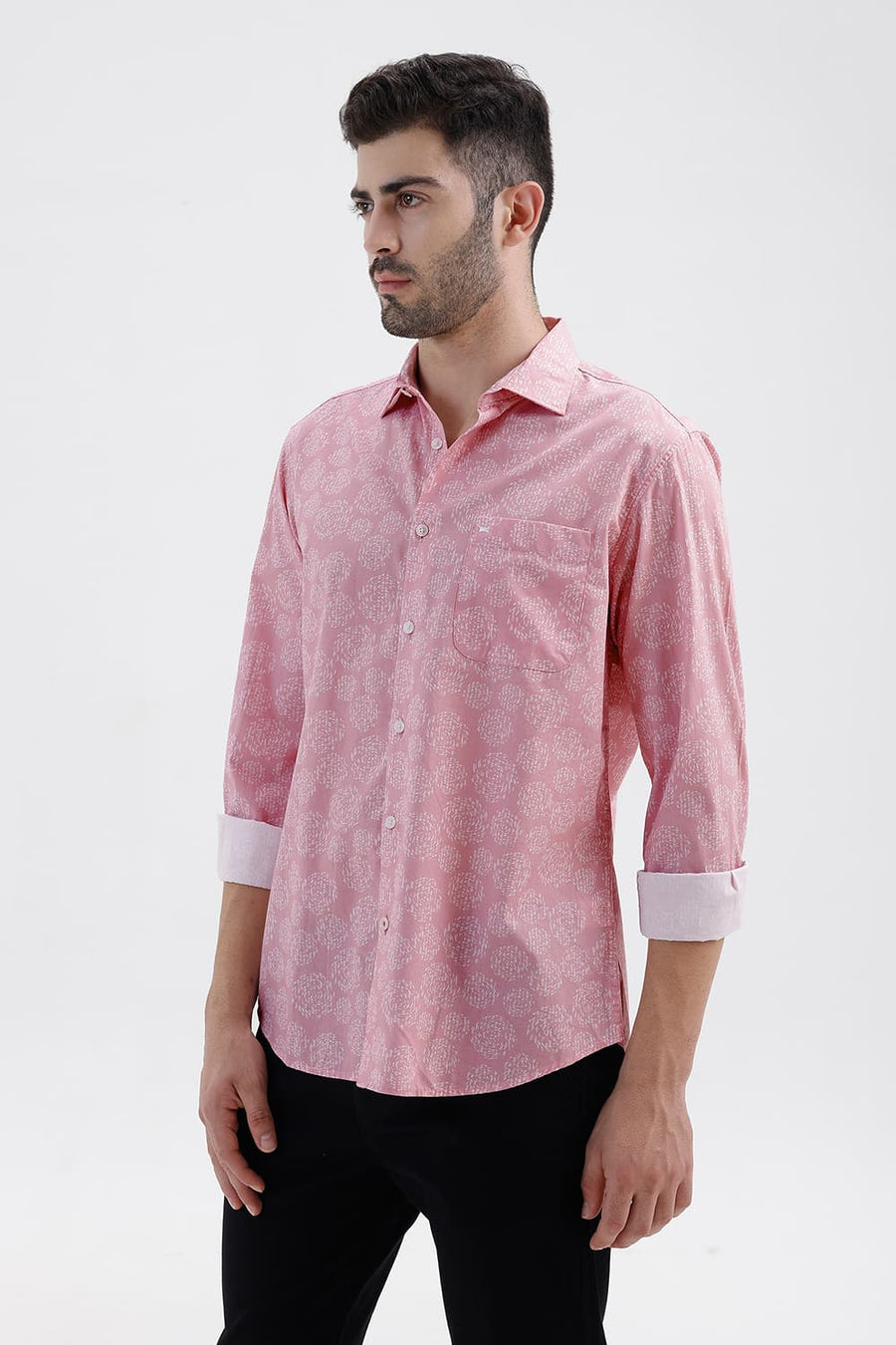 BASICS SLIM FIT PINK DOLPHIN COTTON PRINTED SHIRT