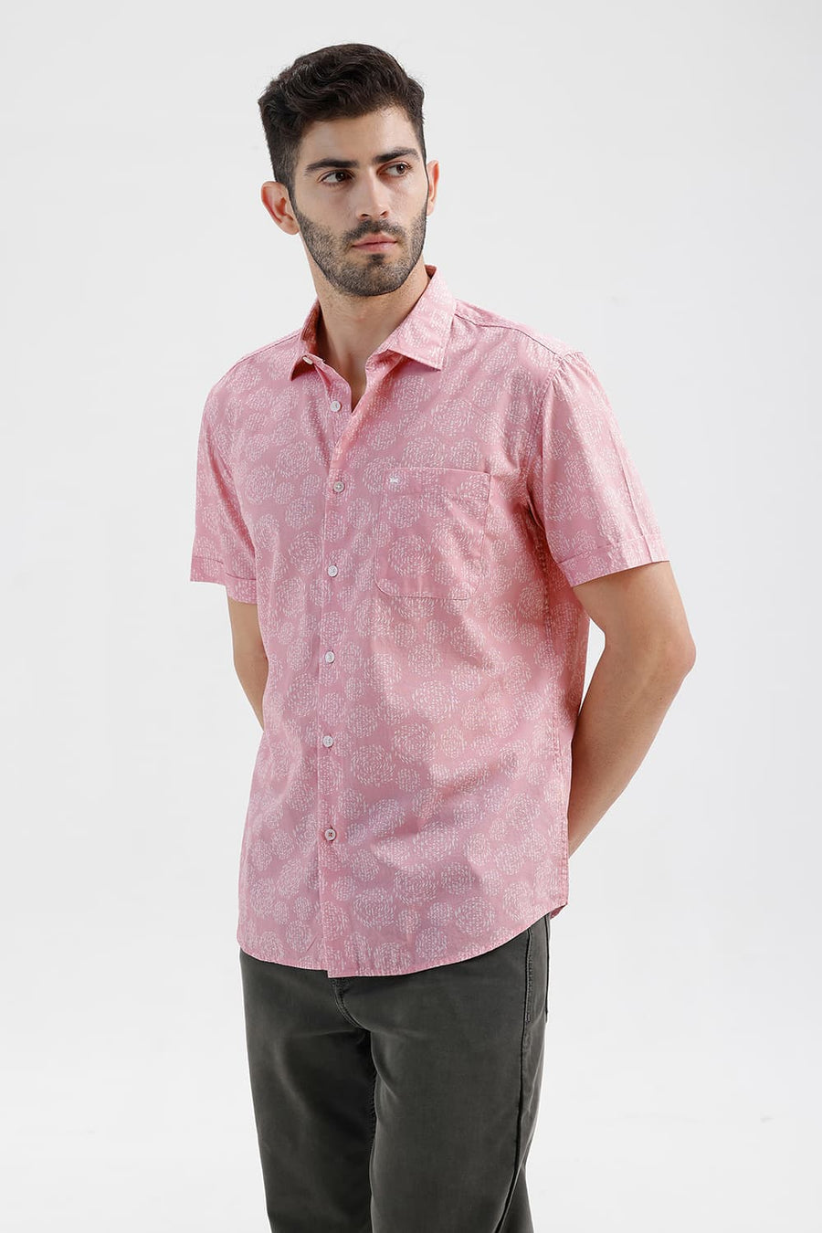 BASICS SLIM FIT PINK DOLPHIN COTTON PRINTED HALFSLEEVES SHIRT