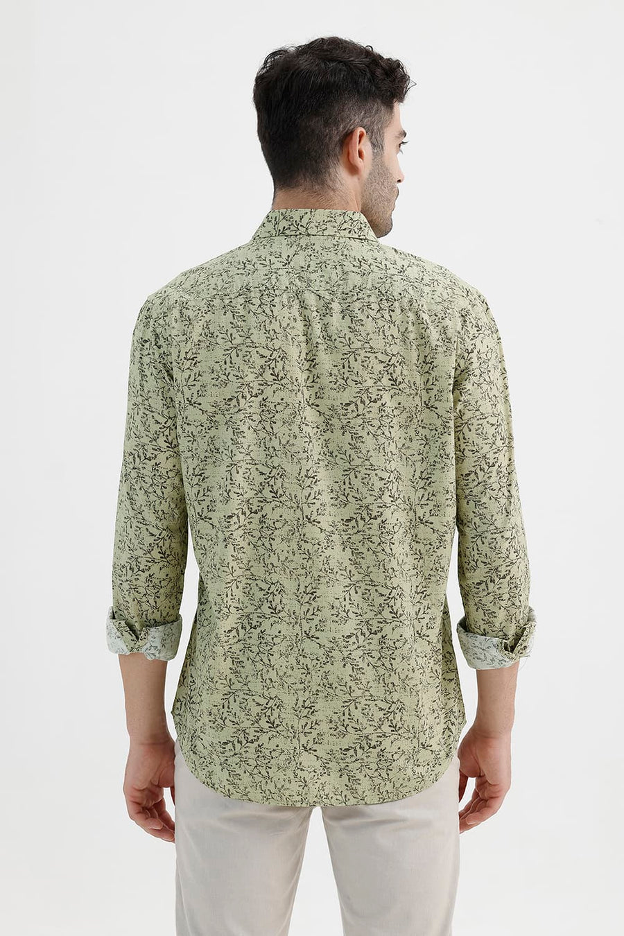 BASICS SLIM FIT LEEK KHAKI COTTON PRINTED SHIRT