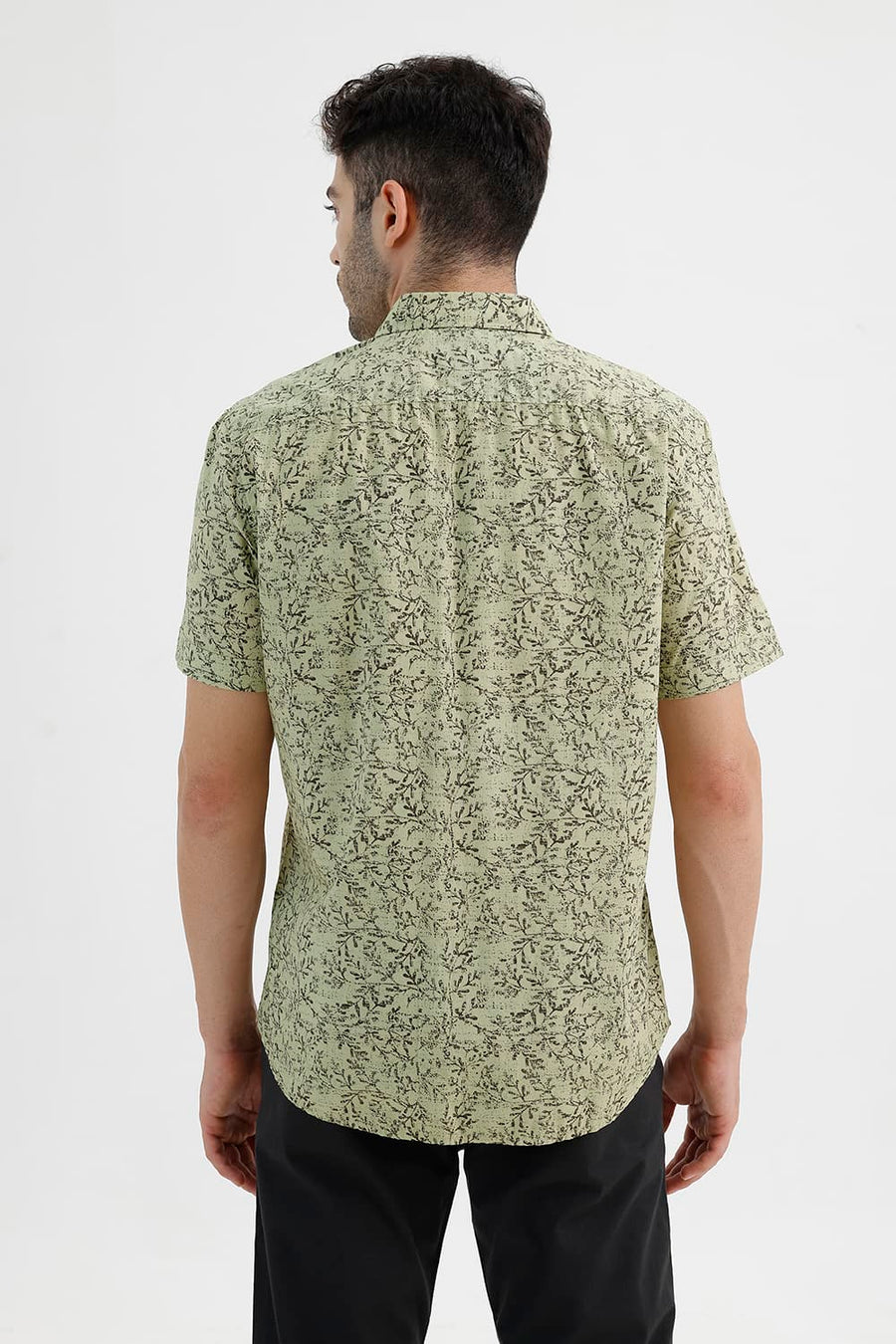 BASICS SLIM FIT LEEK KHAKI COTTON PRINTED HALFSLEEVES SHIRT