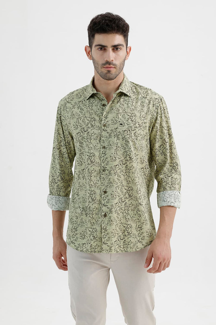 BASICS SLIM FIT LEEK KHAKI COTTON PRINTED SHIRT