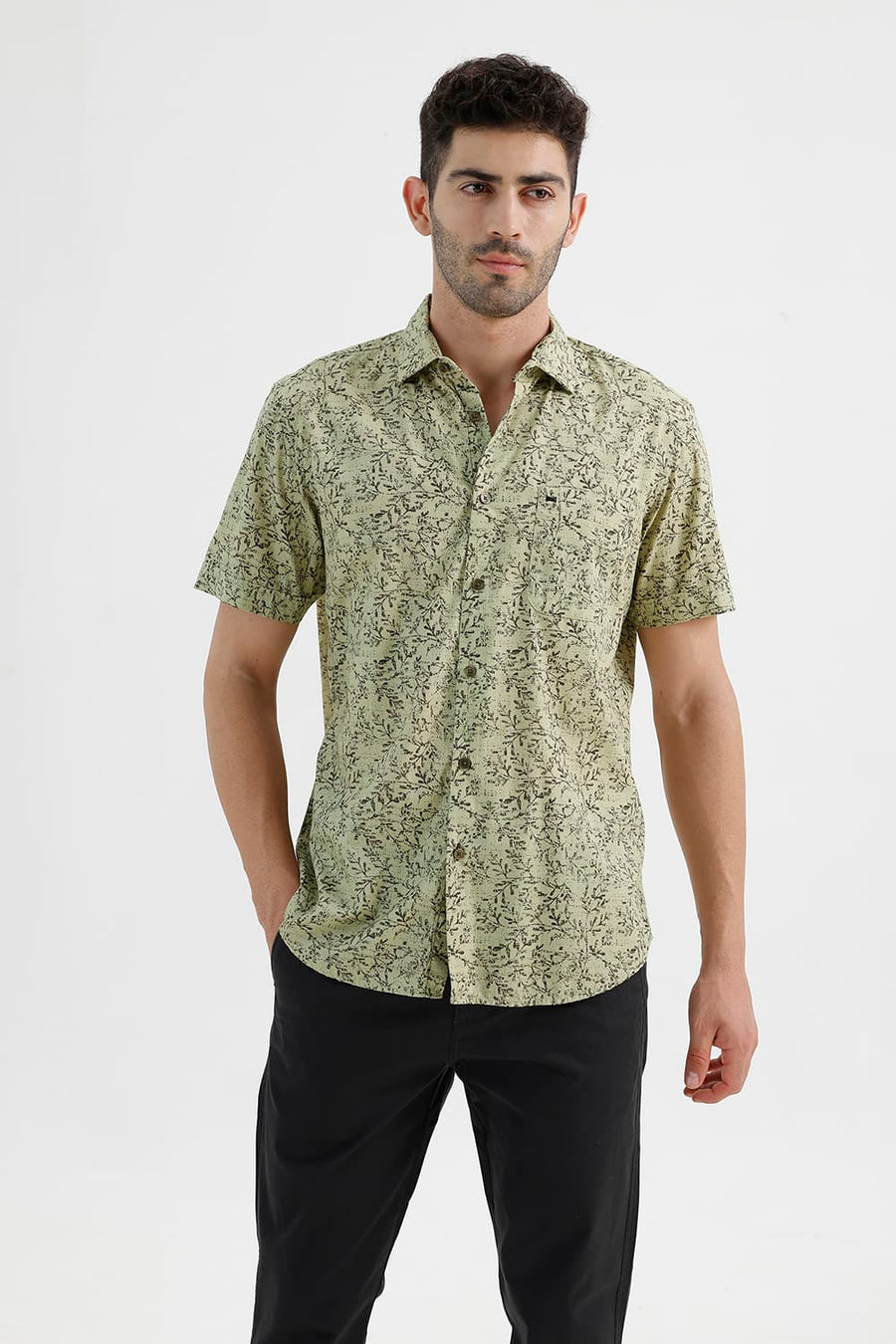 BASICS SLIM FIT LEEK KHAKI COTTON PRINTED HALFSLEEVES SHIRT