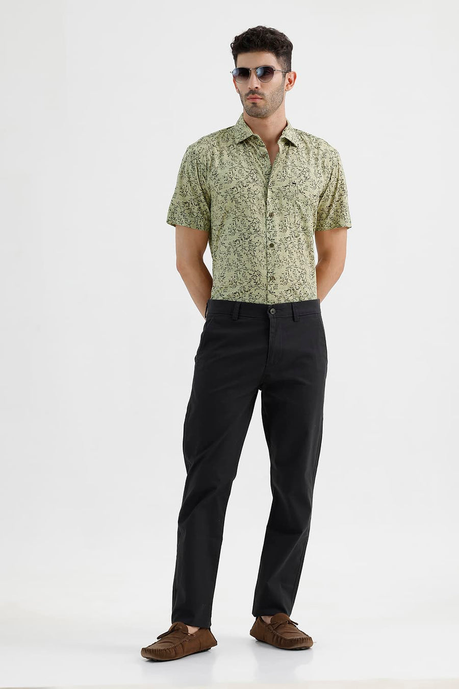 BASICS SLIM FIT LEEK KHAKI COTTON PRINTED HALFSLEEVES SHIRT