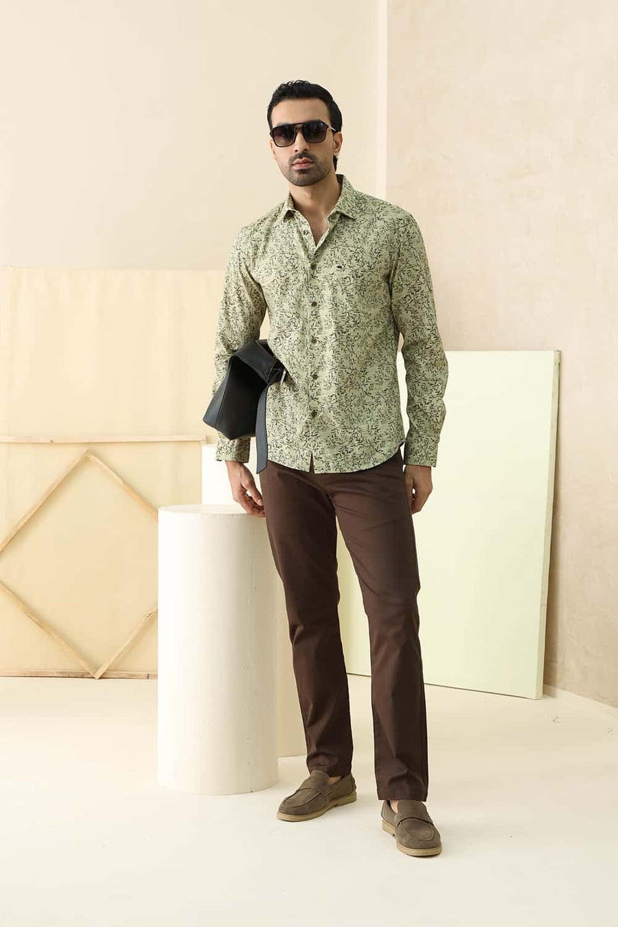 Basics Slim Fit Leek Khaki Cotton Printed Shirt