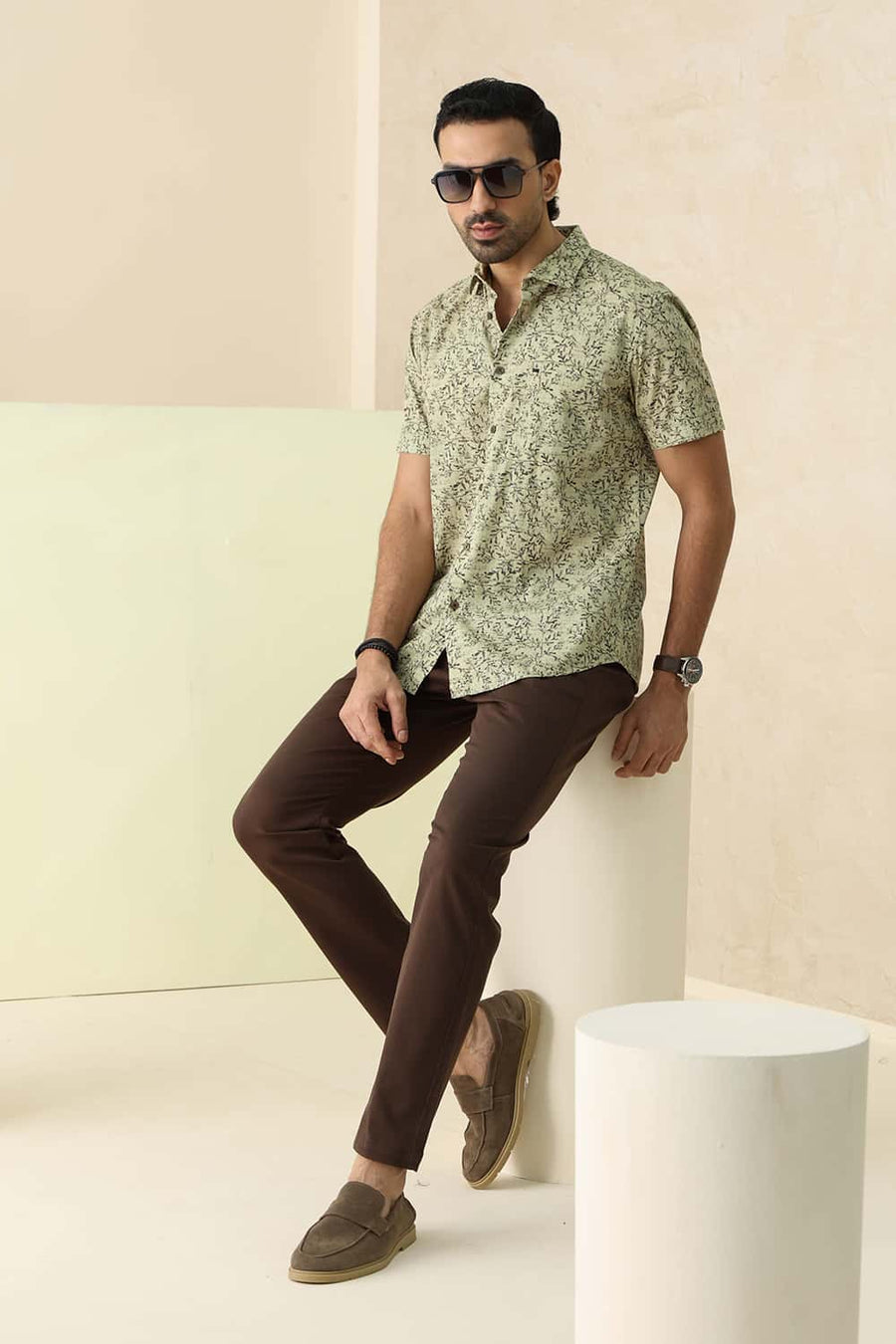 Basics Slim Fit Leek Khaki Cotton Printed Halfsleeves Shirt