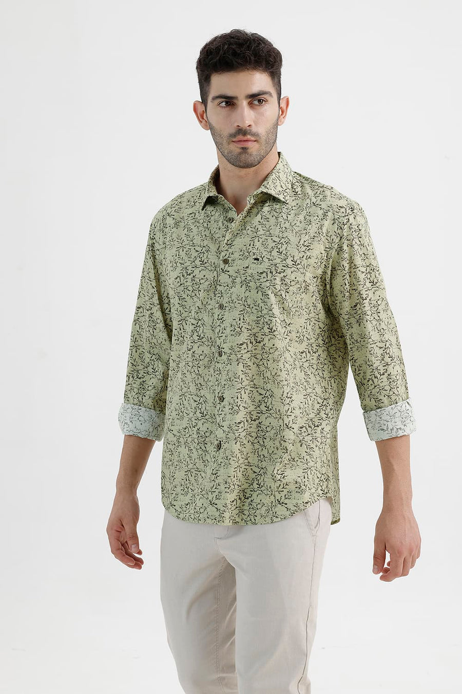 BASICS SLIM FIT LEEK KHAKI COTTON PRINTED SHIRT