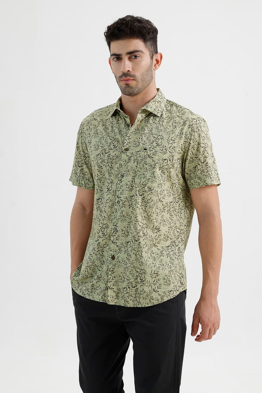 BASICS SLIM FIT LEEK KHAKI COTTON PRINTED HALFSLEEVES SHIRT