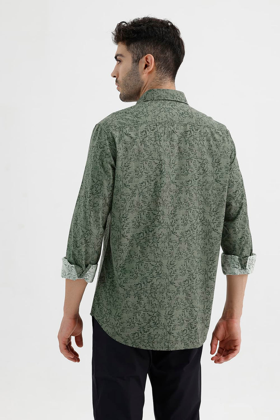 BASICS SLIM FIT SPRAY GREEN COTTON PRINTED SHIRT