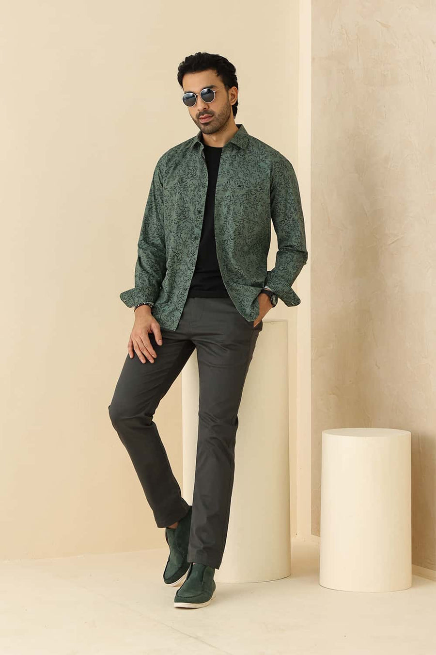 BASICS SLIM FIT SPRAY GREEN COTTON PRINTED SHIRT