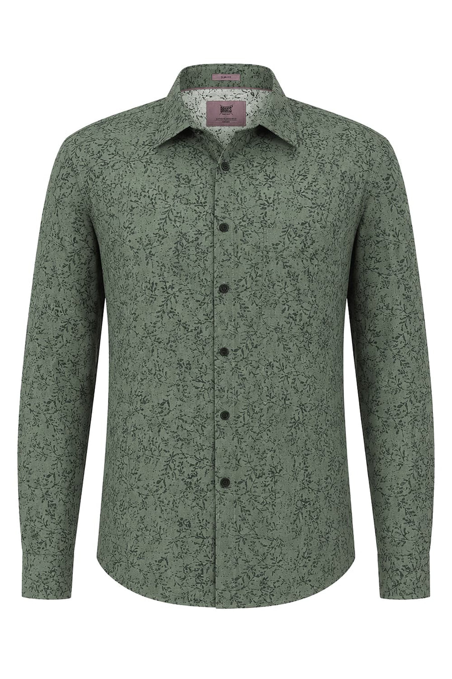 BASICS SLIM FIT SPRAY GREEN COTTON PRINTED SHIRT