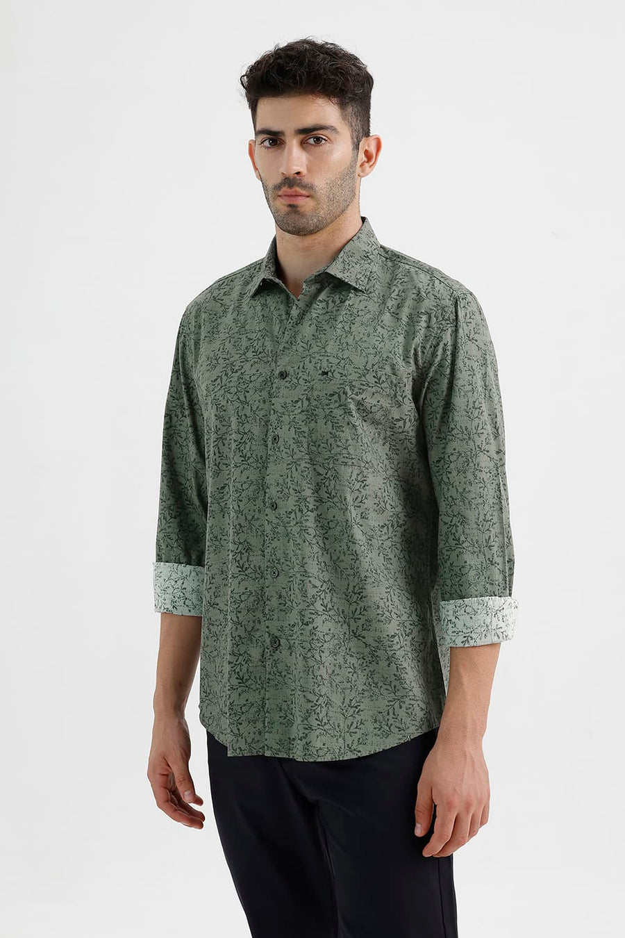 BASICS SLIM FIT SPRAY GREEN COTTON PRINTED SHIRT