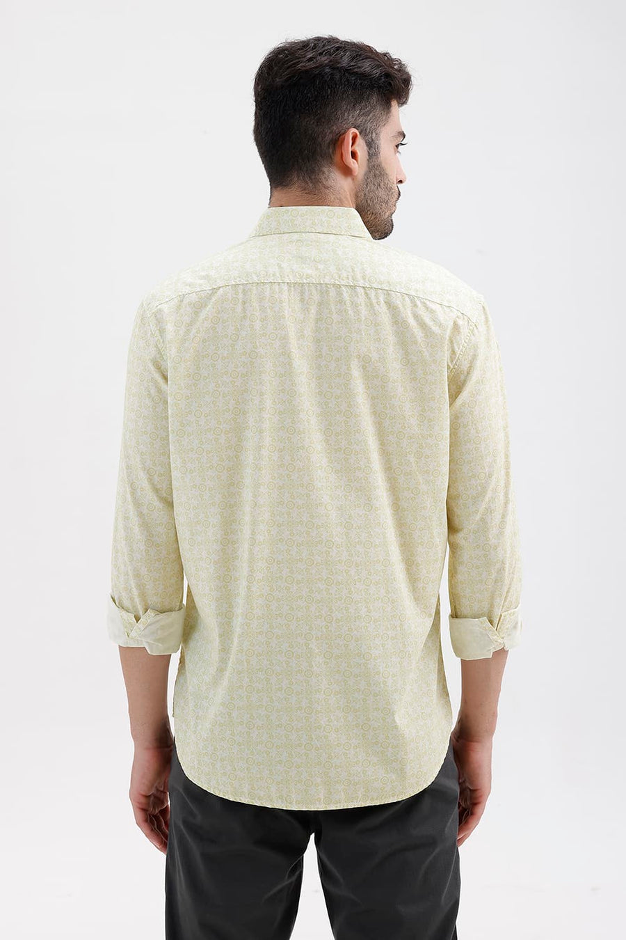 BASICS SLIM FIT LINDEN YELLOW COTTON PRINTED SHIRT