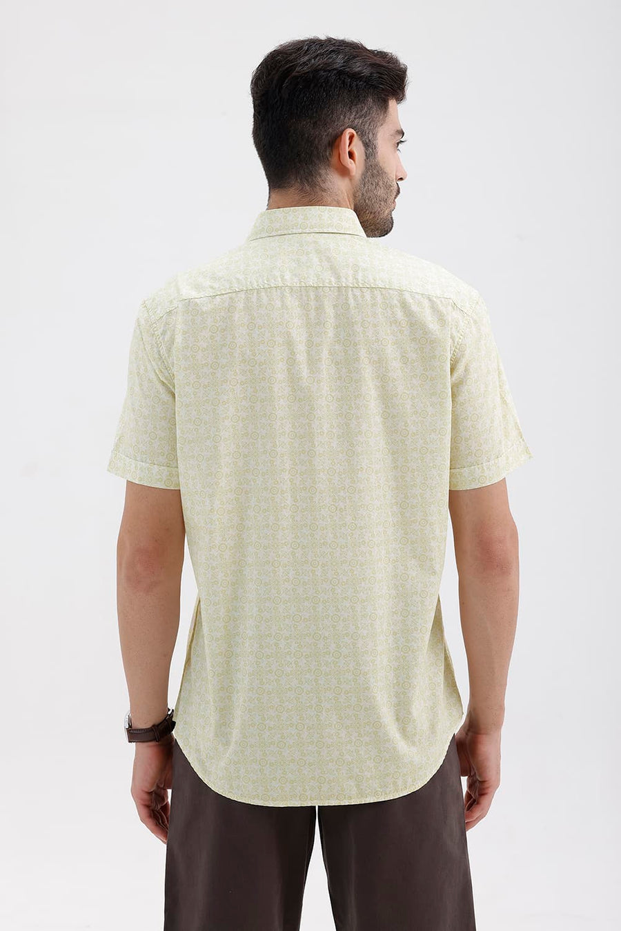 BASICS SLIM FIT LINDEN YELLOW COTTON PRINTED HALFSLEEVES SHIRT