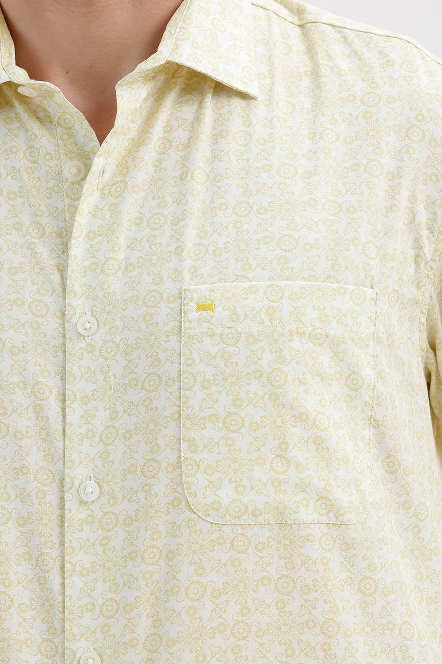BASICS SLIM FIT LINDEN YELLOW COTTON PRINTED SHIRT