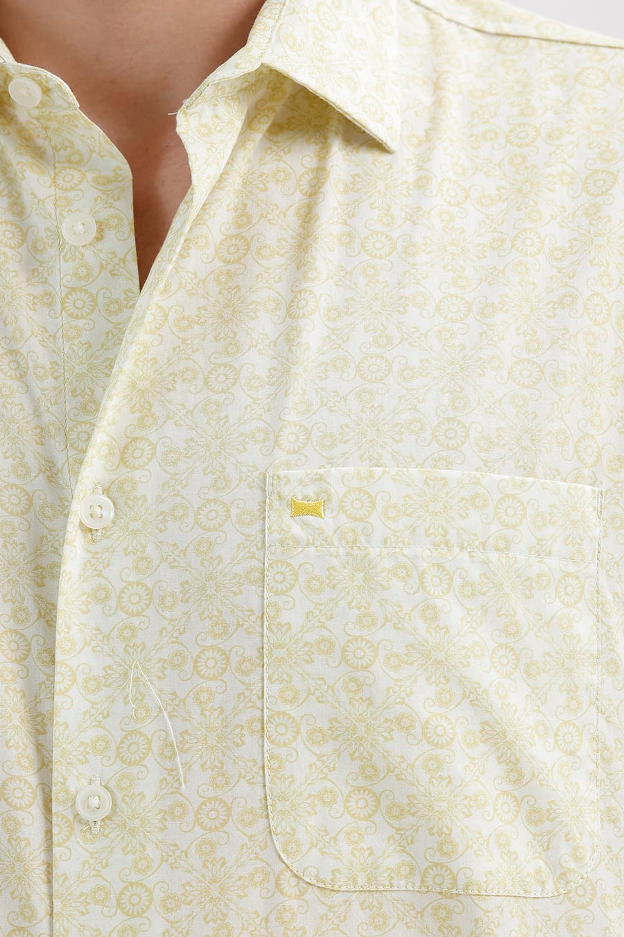 BASICS SLIM FIT LINDEN YELLOW COTTON PRINTED HALFSLEEVES SHIRT