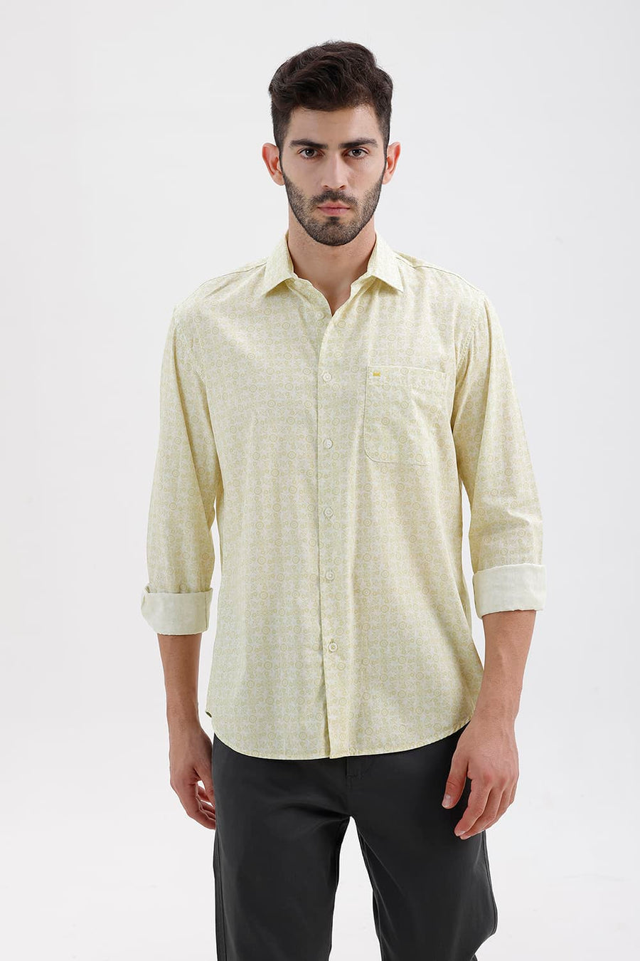 BASICS SLIM FIT LINDEN YELLOW COTTON PRINTED SHIRT
