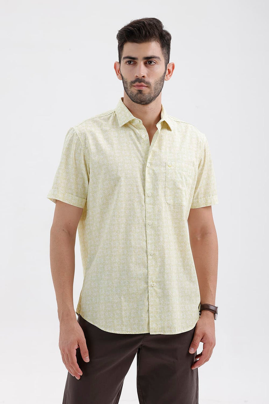 BASICS SLIM FIT LINDEN YELLOW COTTON PRINTED HALFSLEEVES SHIRT