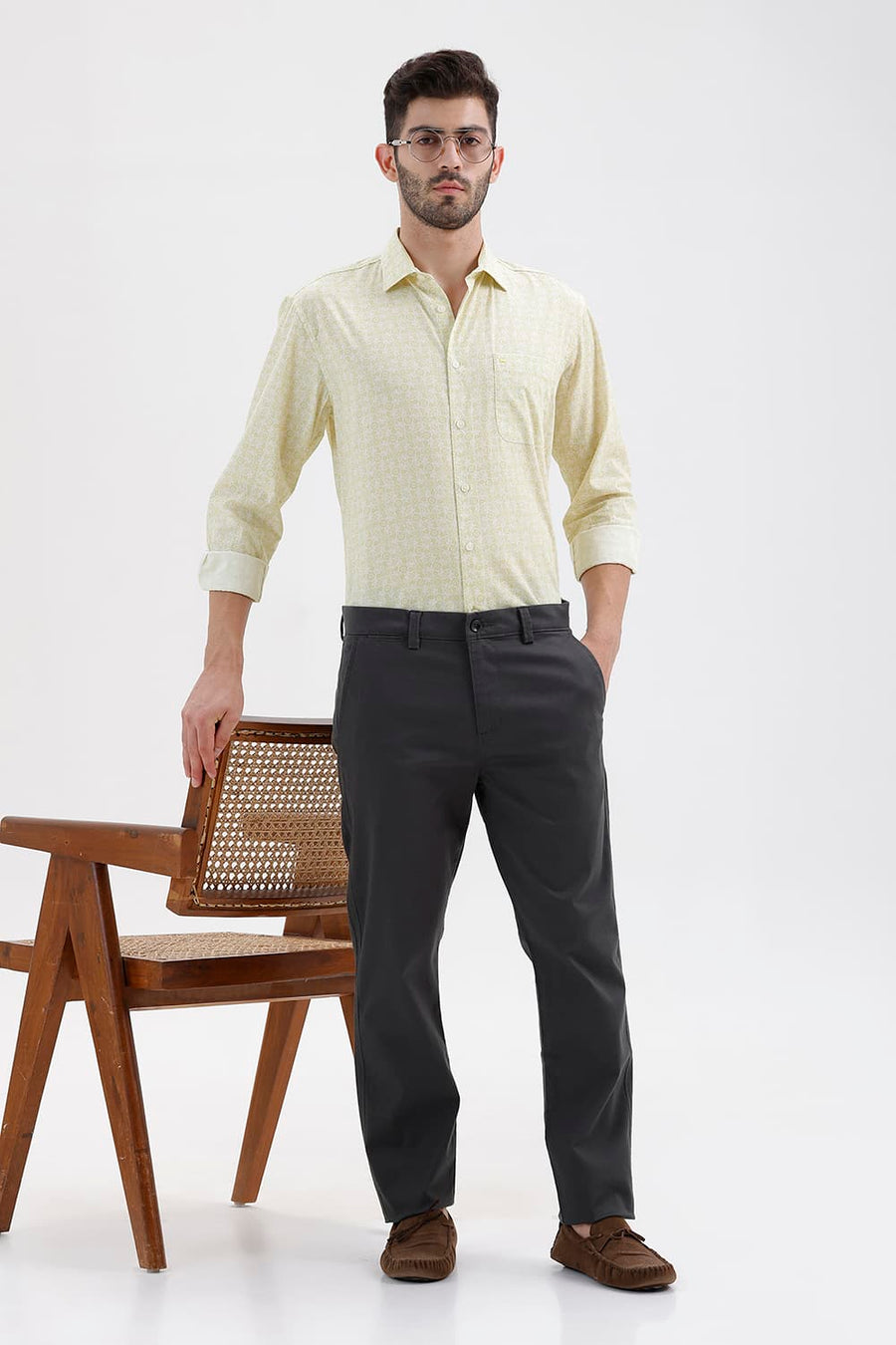 BASICS SLIM FIT LINDEN YELLOW COTTON PRINTED SHIRT