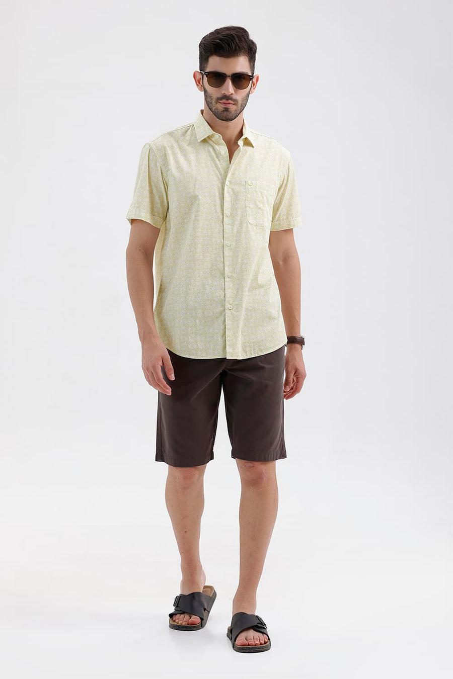 BASICS SLIM FIT LINDEN YELLOW COTTON PRINTED HALFSLEEVES SHIRT