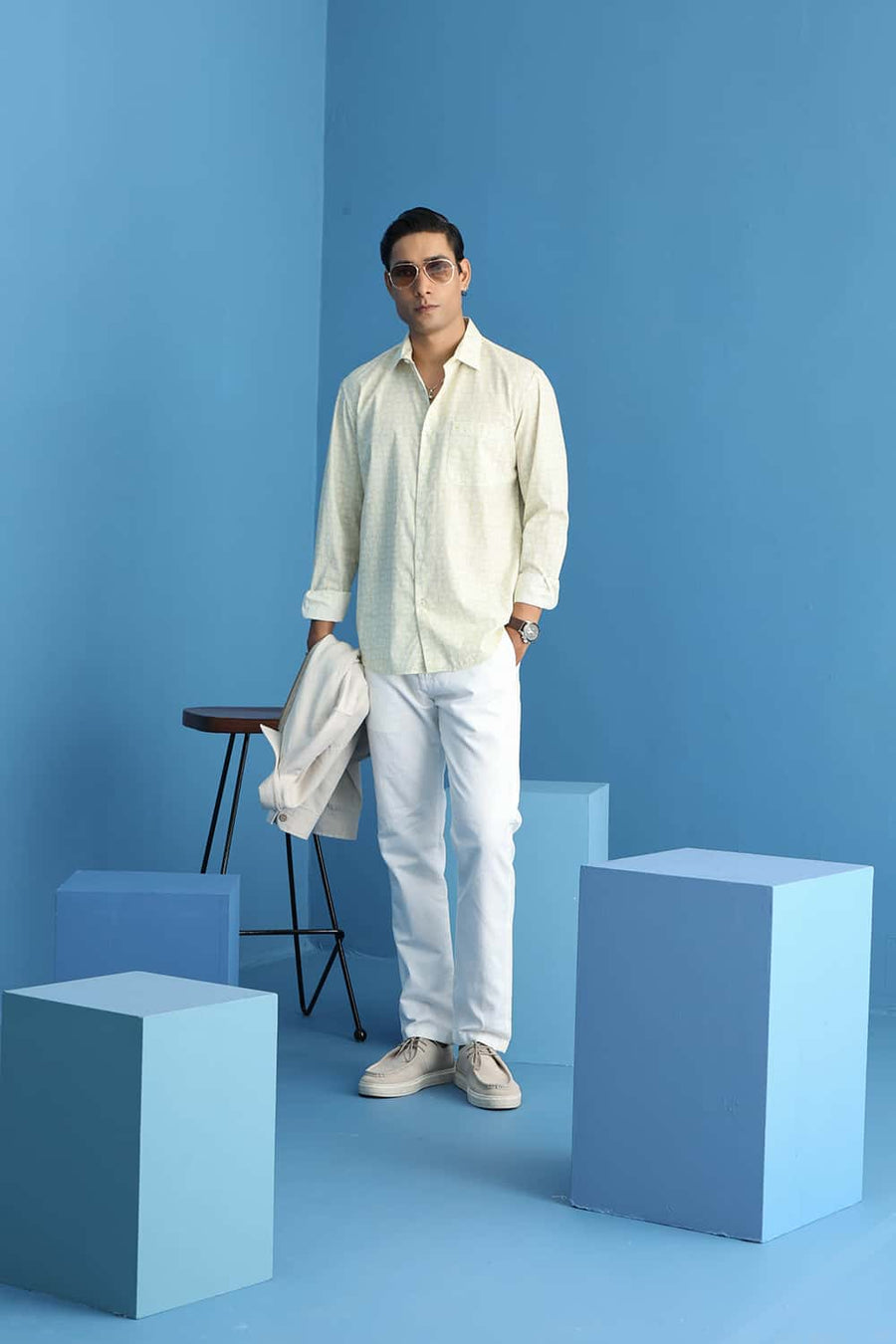 Basics Slim Fit Linden Yellow Cotton Printed Shirt