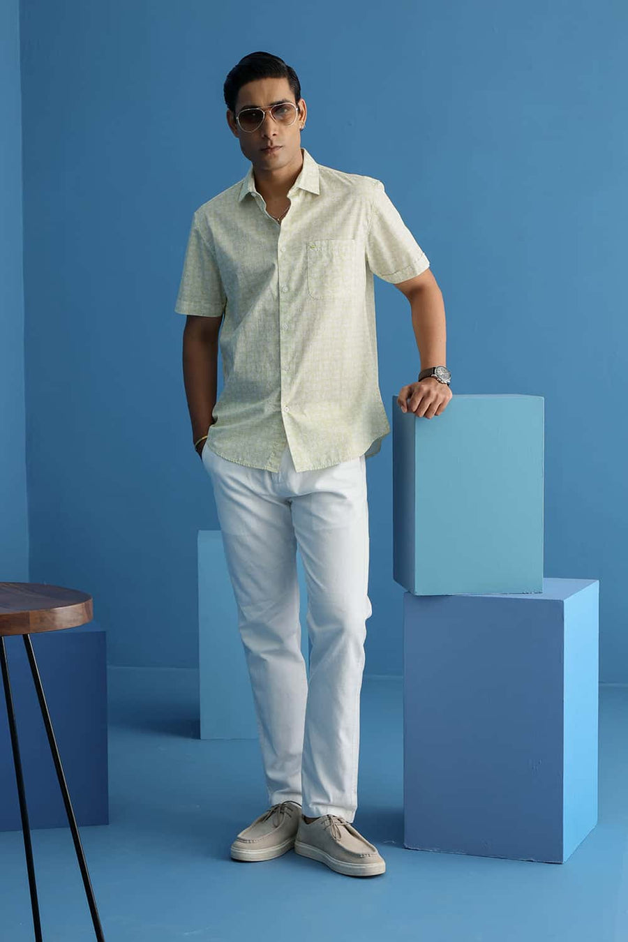 Basics Slim Fit Linden Yellow Cotton Printed Halfsleeves Shirt