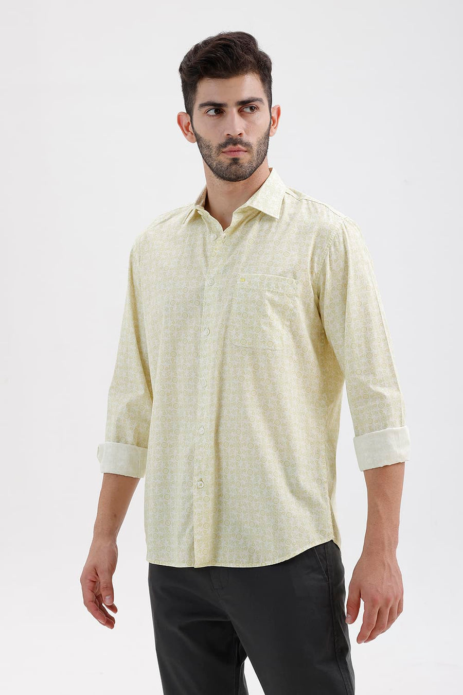 BASICS SLIM FIT LINDEN YELLOW COTTON PRINTED SHIRT