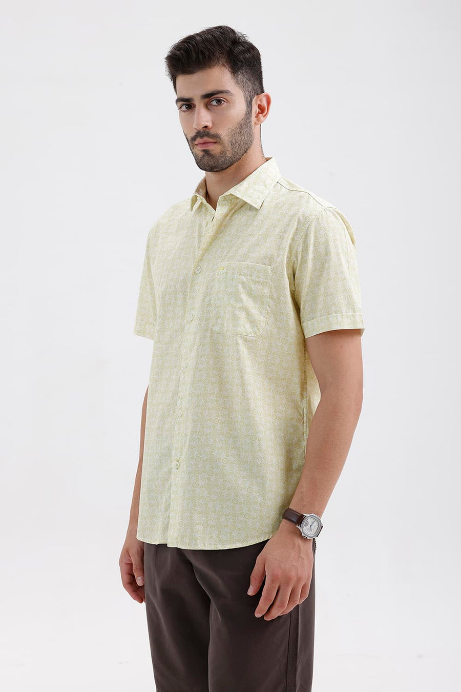 BASICS SLIM FIT LINDEN YELLOW COTTON PRINTED HALFSLEEVES SHIRT