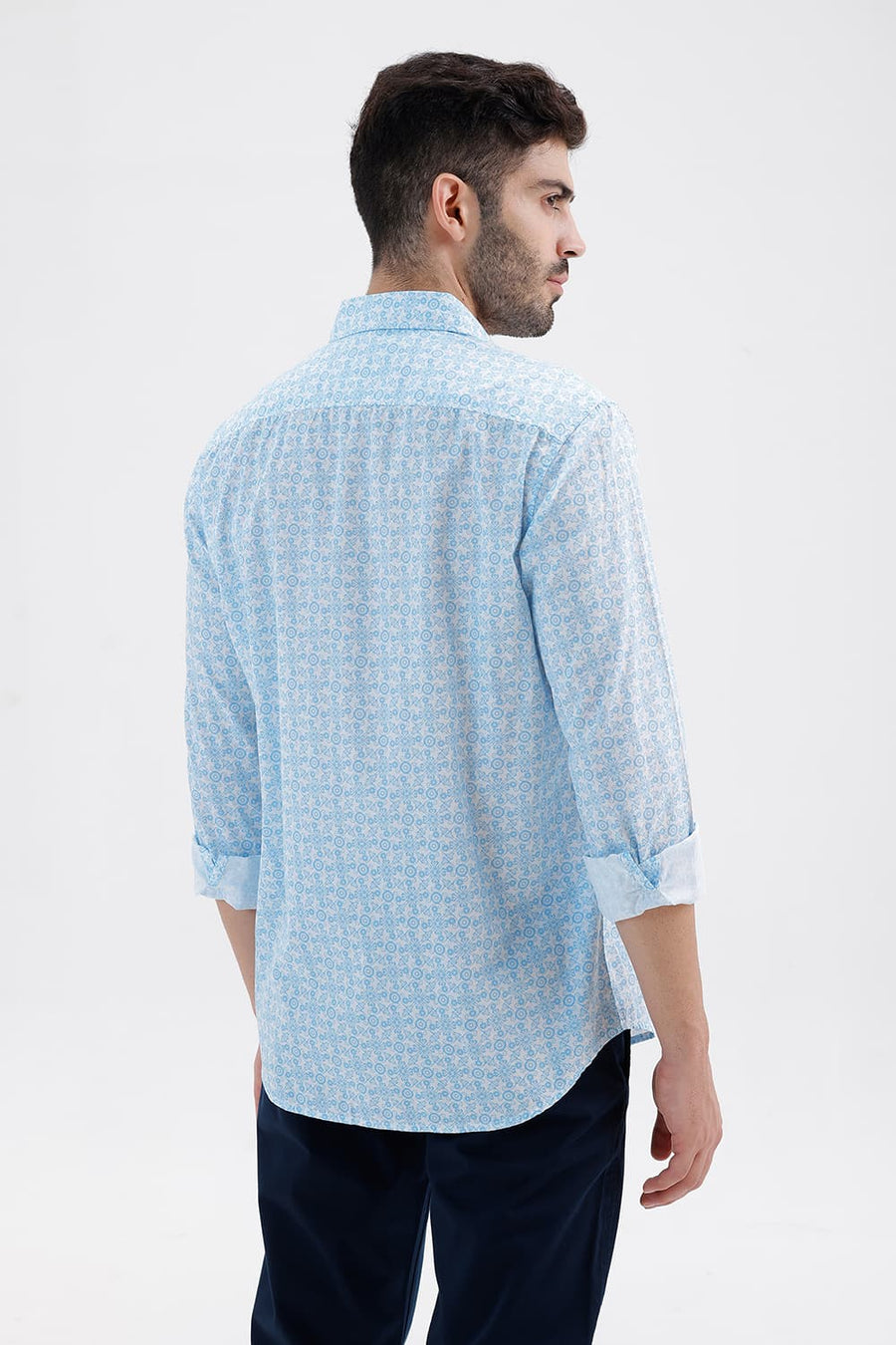 BASICS SLIM FIT ABOARD BLUE COTTON PRINTED SHIRT