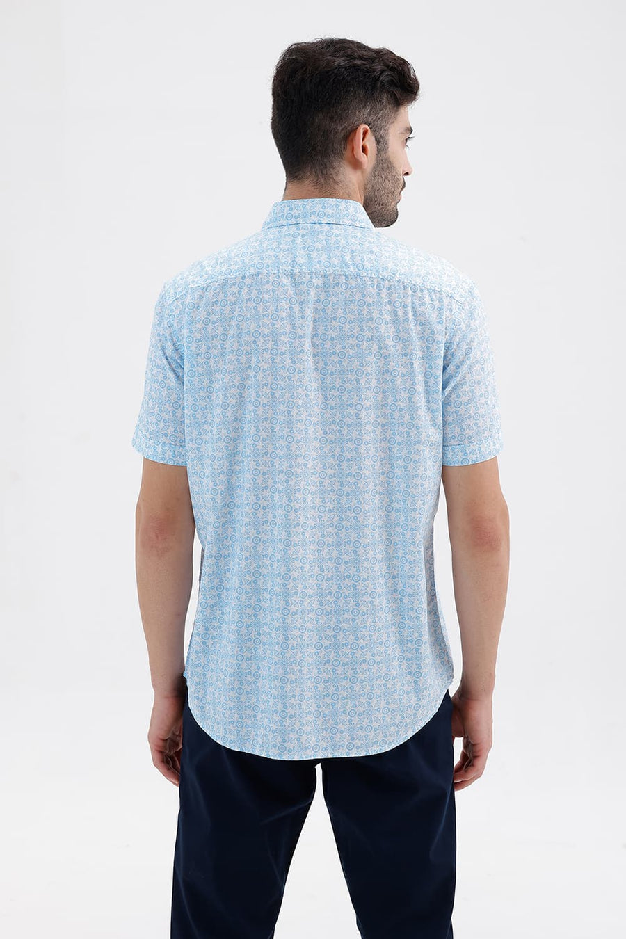 BASICS SLIM FIT ABOARD BLUE COTTON PRINTED HALFSLEEVES SHIRT