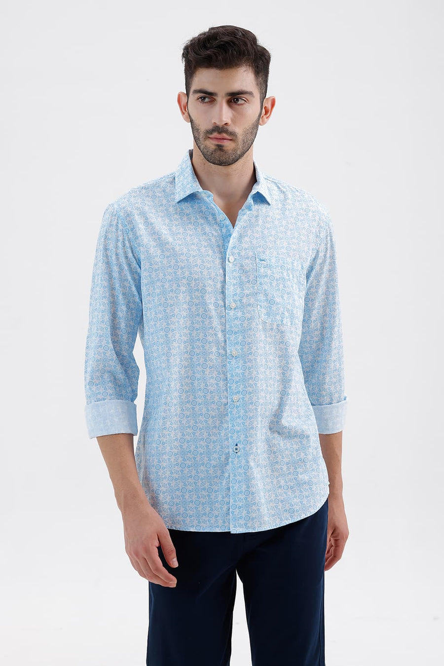 BASICS SLIM FIT ABOARD BLUE COTTON PRINTED SHIRT