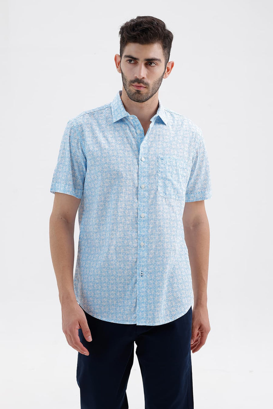 BASICS SLIM FIT ABOARD BLUE COTTON PRINTED HALFSLEEVES SHIRT