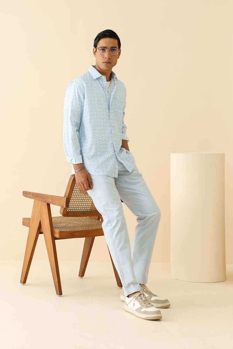 Basics Slim Fit Aboard Blue Cotton Printed Shirt