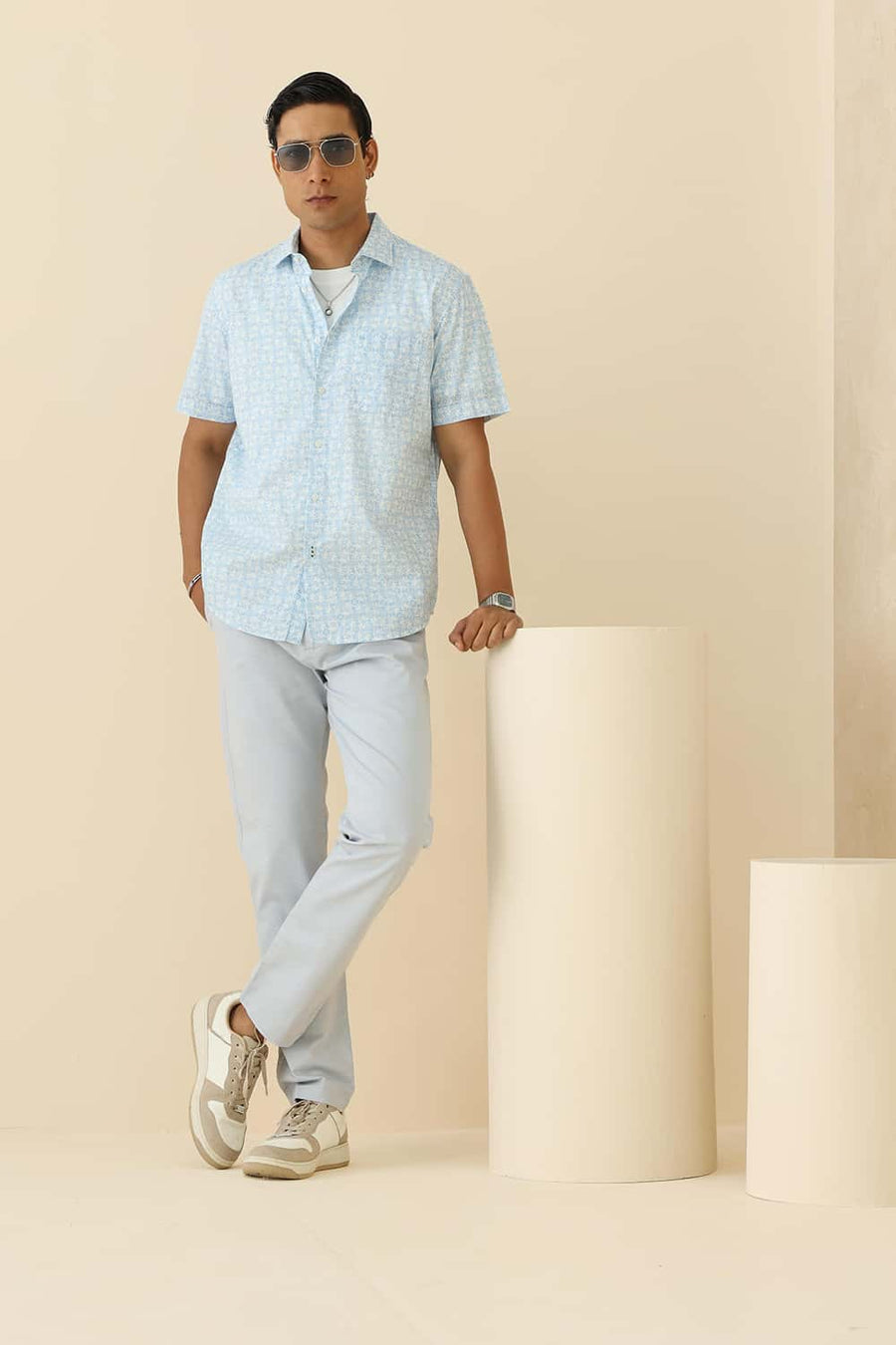 Basics Slim Fit Aboard Blue Cotton Printed Halfsleeves Shirt