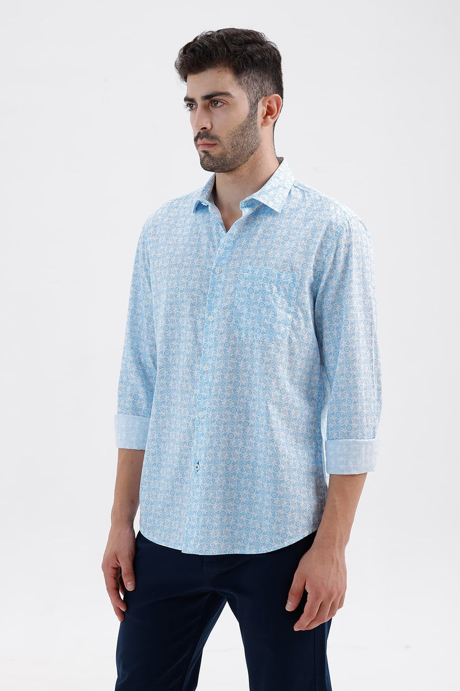 BASICS SLIM FIT ABOARD BLUE COTTON PRINTED SHIRT