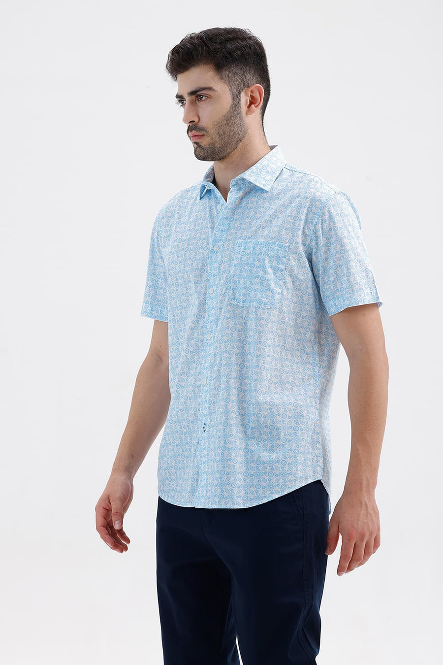 BASICS SLIM FIT ABOARD BLUE COTTON PRINTED HALFSLEEVES SHIRT