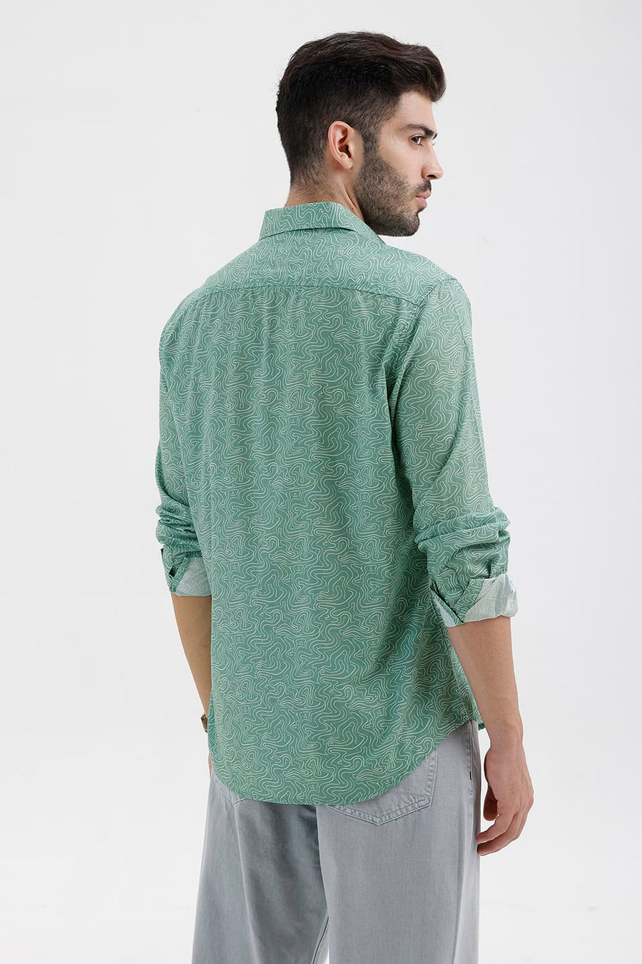 BASICS SLIM FIT GRANITE GREEN COTTON PRINTED SHIRT