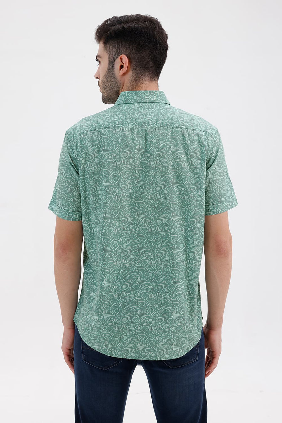 BASICS SLIM FIT GRANITE GREEN COTTON PRINTED HALFSLEEVES SHIRT
