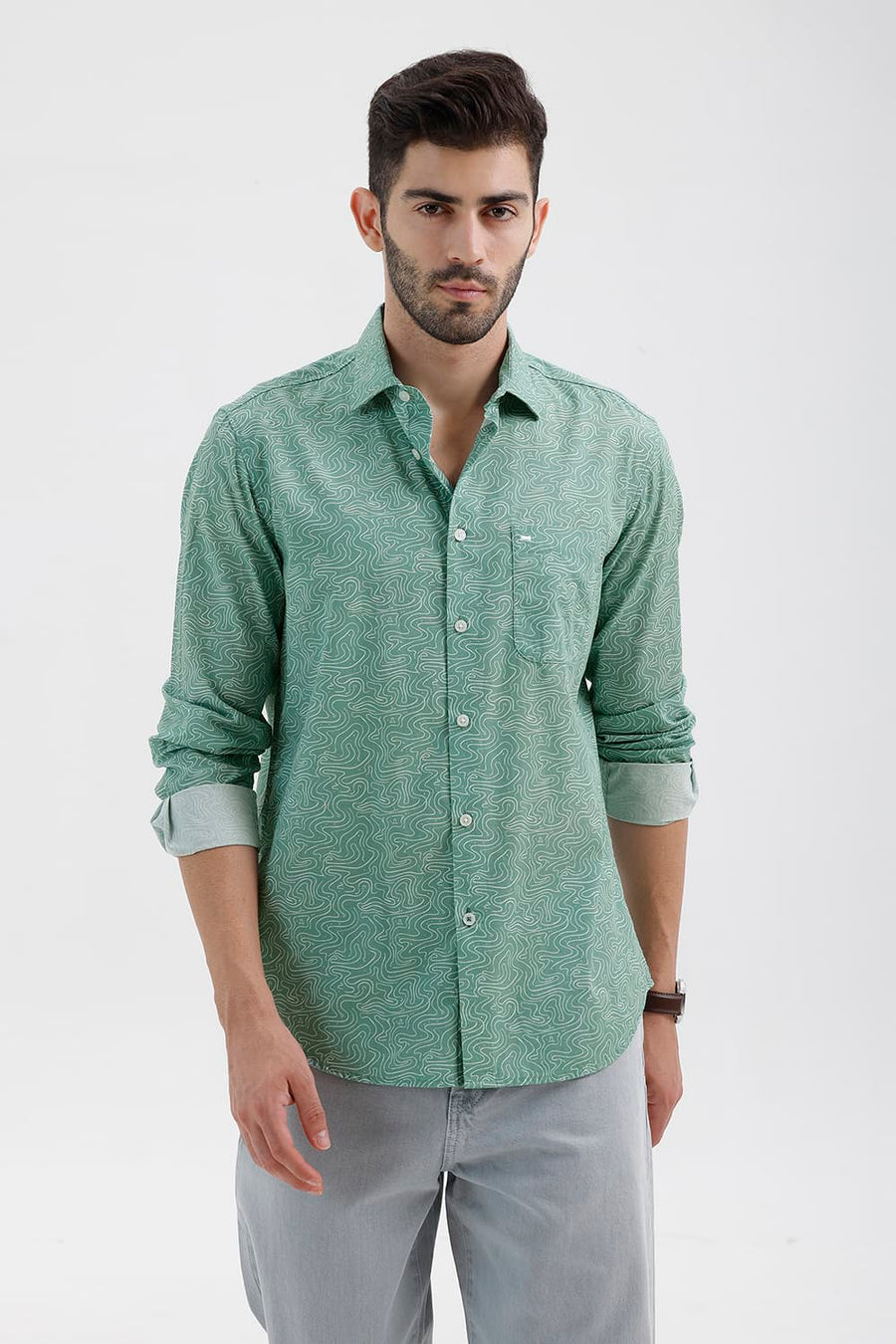 BASICS SLIM FIT GRANITE GREEN COTTON PRINTED SHIRT