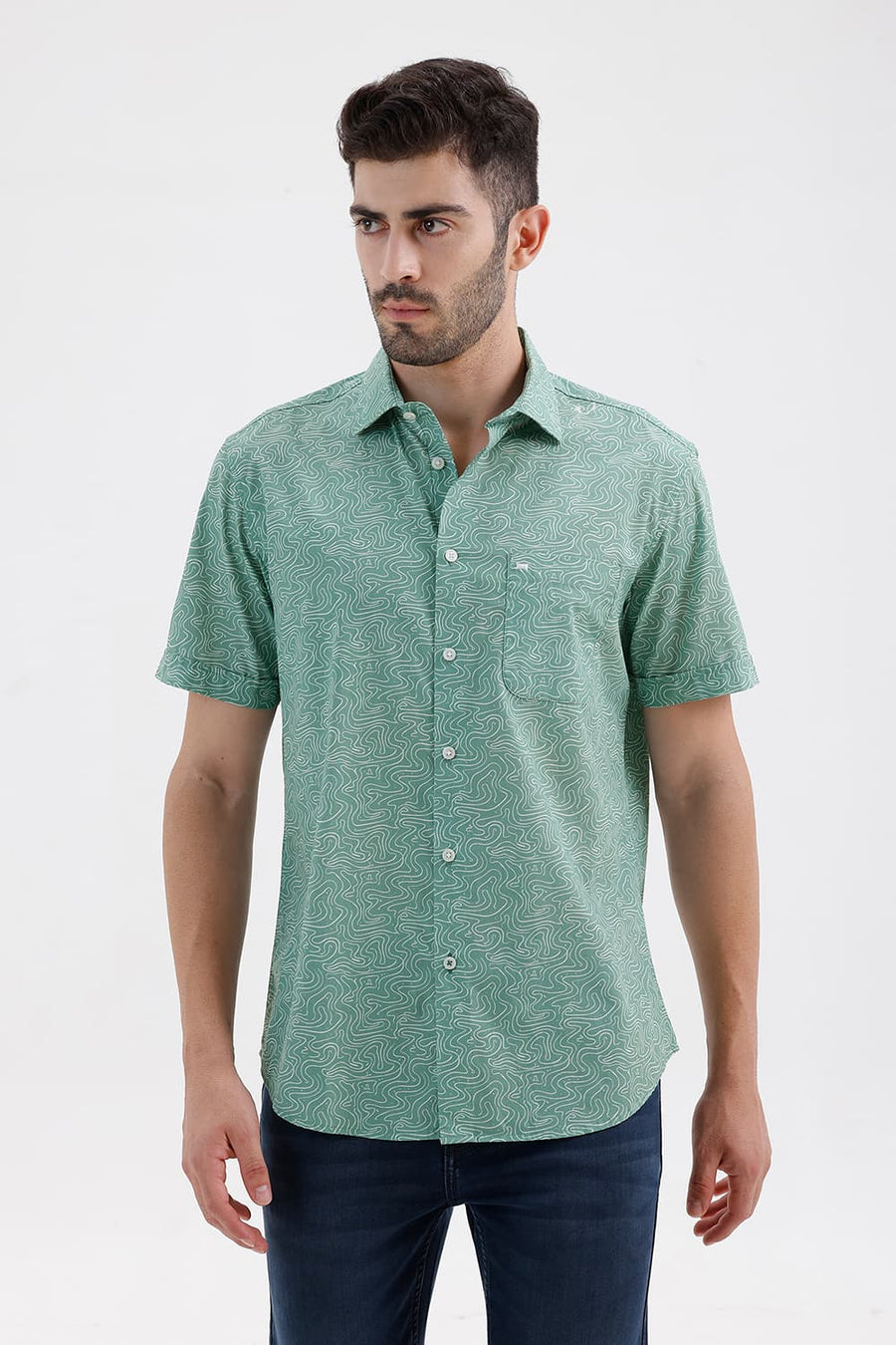 BASICS SLIM FIT GRANITE GREEN COTTON PRINTED HALFSLEEVES SHIRT