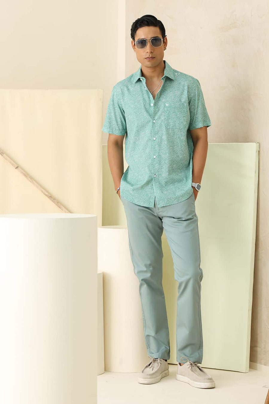 Basics Slim Fit Granite Green Cotton Printed Halfsleeves Shirt