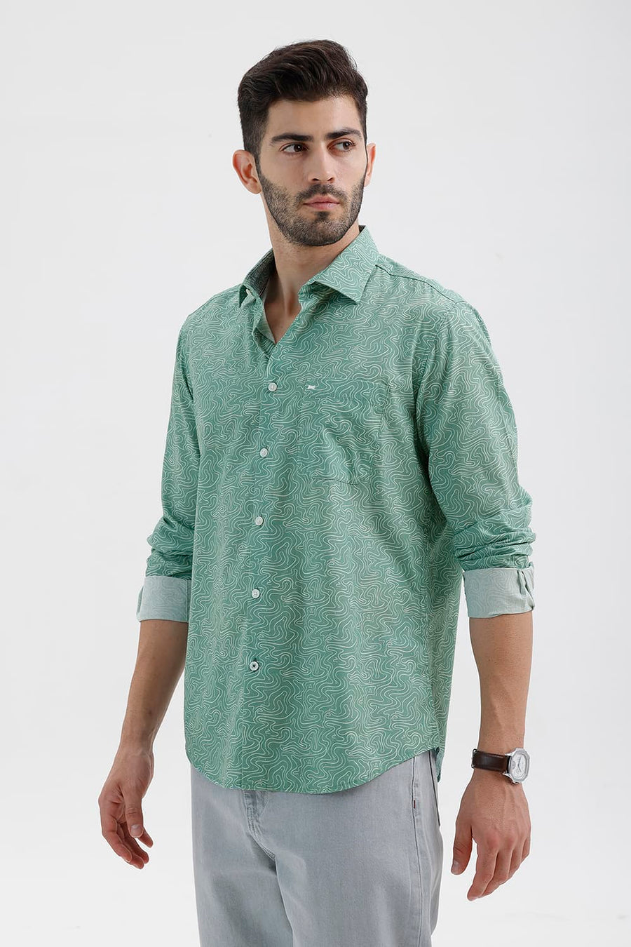 BASICS SLIM FIT GRANITE GREEN COTTON PRINTED SHIRT