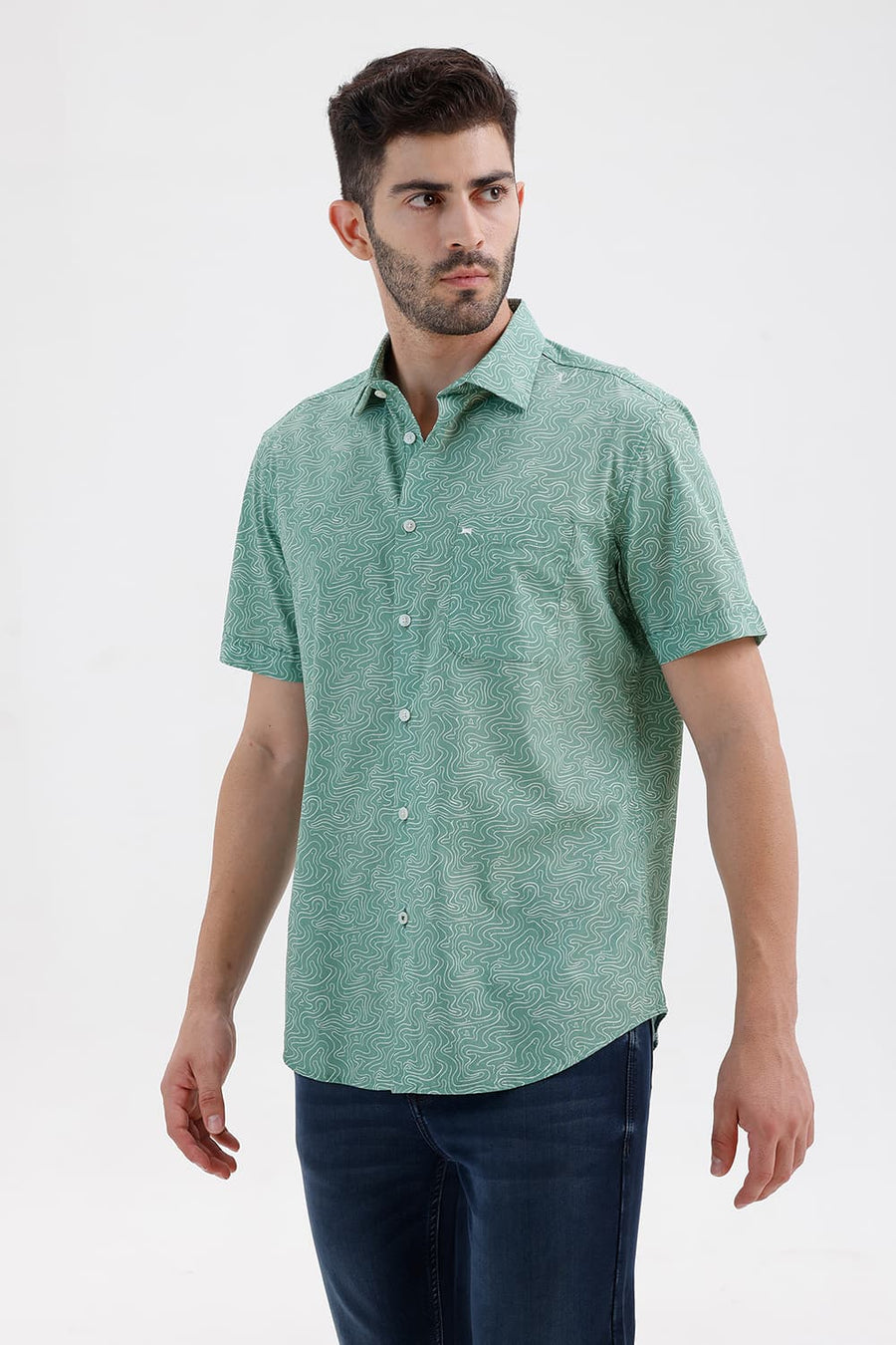 BASICS SLIM FIT GRANITE GREEN COTTON PRINTED HALFSLEEVES SHIRT