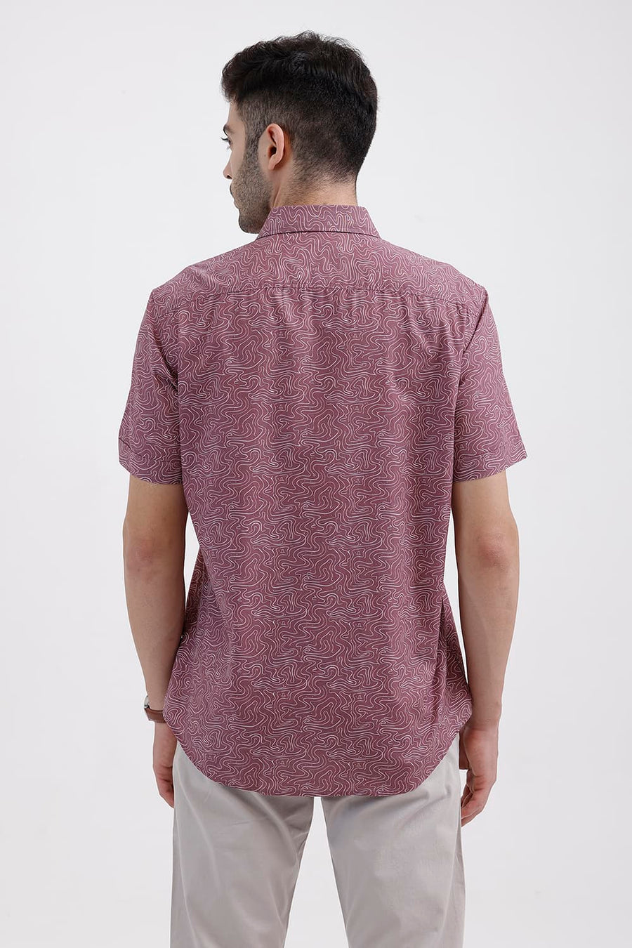 BASICS SLIM FIT ROSE PINK COTTON PRINTED HALFSLEEVES SHIRT
