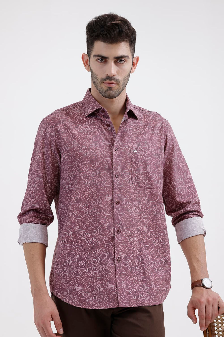 BASICS SLIM FIT ROSE PINK COTTON PRINTED SHIRT