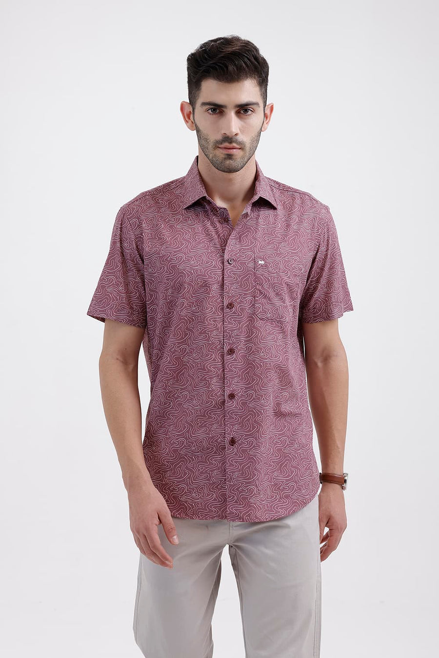 BASICS SLIM FIT ROSE PINK COTTON PRINTED HALFSLEEVES SHIRT