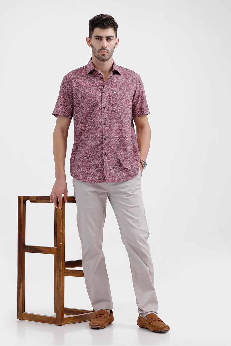 BASICS SLIM FIT ROSE PINK COTTON PRINTED HALFSLEEVES SHIRT