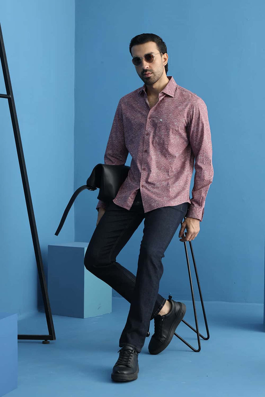 Basics Slim Fit Rose Pink Cotton Printed Shirt